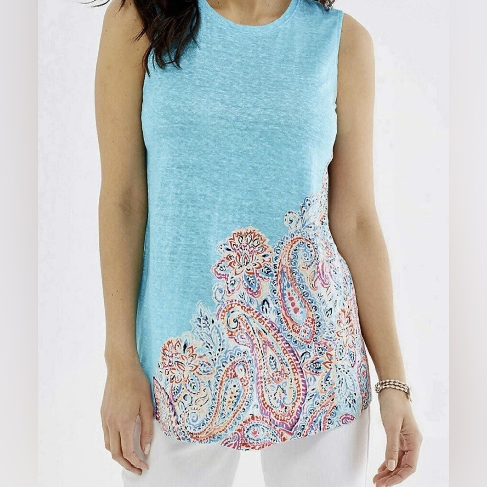 J Jill Love Linen Portofino Island Blue Paisley Tank Plus Size Large Coastal‎